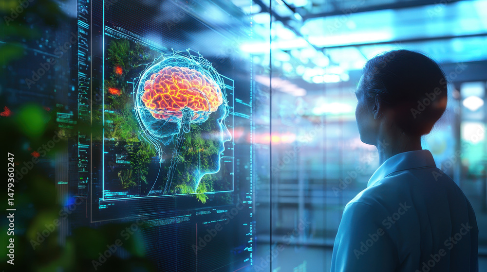 Poster person observing digital brain interface, showcasing advanced technology and neuroscience concepts i