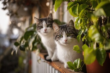 Two cats curiously exploring a lush garden setting.