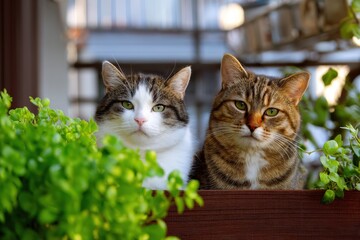 Two cats peering through lush green plants.