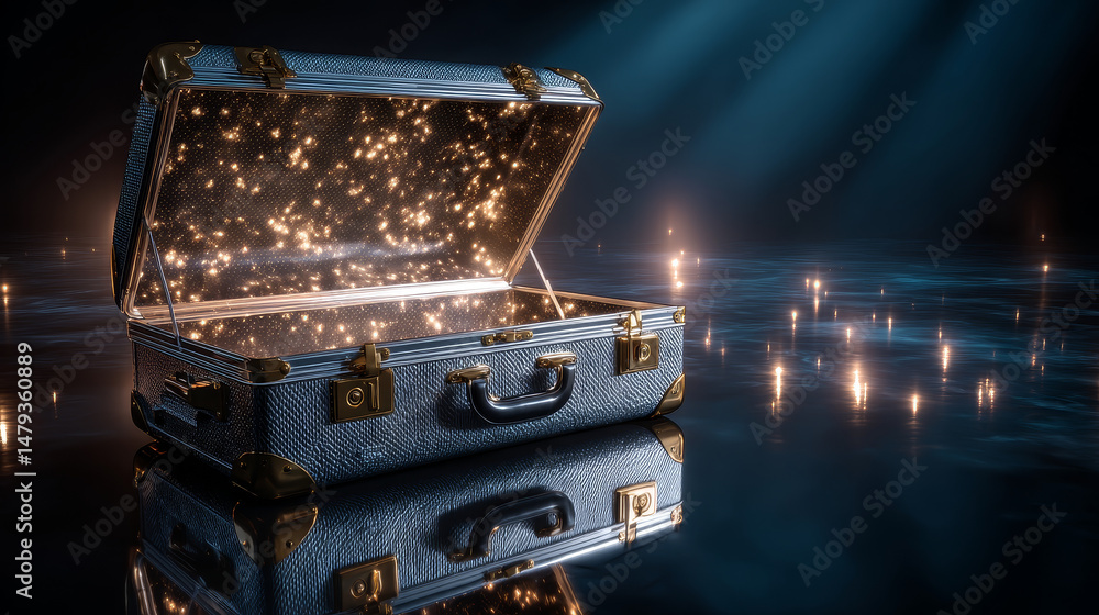 Poster 3d realistic vector opened vintage man suitcase with shine and sparkles, concept of new idea and bus