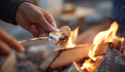 Roasting marshmallows over an open campfire.