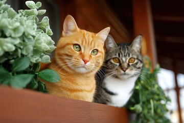 Two cats gazing outside on a sunny day.