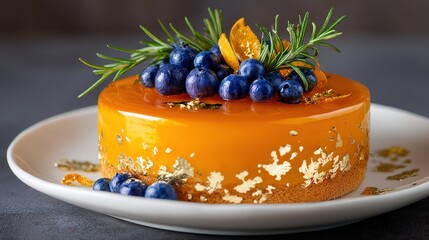 Luxurious cake adorned with blueberries and gold leaf.