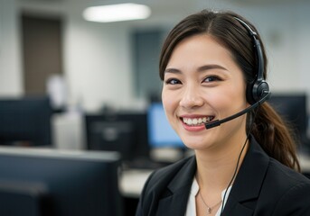 Smiling woman with headset in an office environment providing customer service