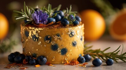 Elegant cake adorned with blueberries and edible gold.