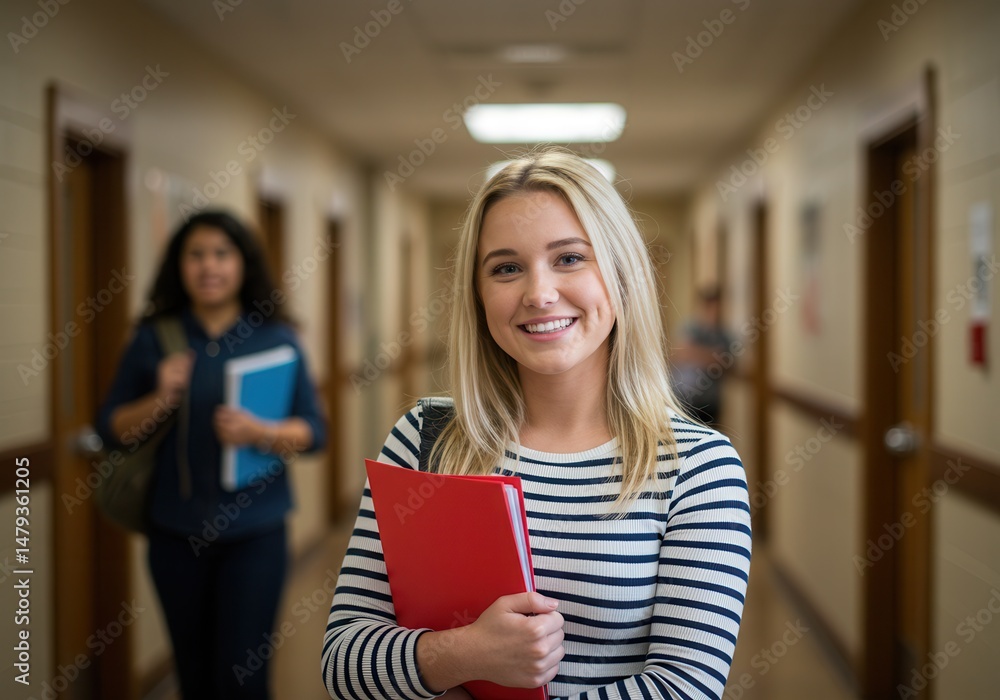 Poster smiling student holding a red folder stands in a school hallway with other students