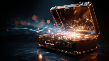 3d realistic vector opened vintage man suitcase with shine and sparkles, concept of new idea and business success. Isolated on dark background.