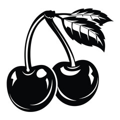 A Pair of Cherries with a Single Stem and Leaf in a Bold Black and White Illustration