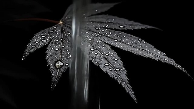 Dark, wet maple leaf with water droplets.