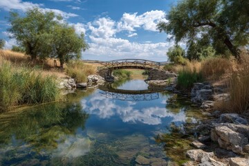 Rustic wooden bridge over tranquil countryside stream.