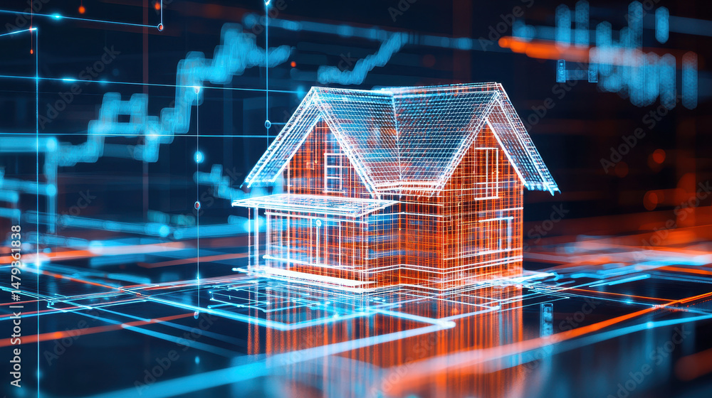 Poster digital house model financial data technology real estate investment 3d rendering futuristic archite