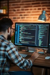 Programmer working late at night on computer