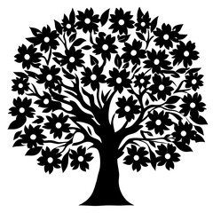 Black and White Silhouette of a Blooming Tree with Abundant Flowers and Lush Branches