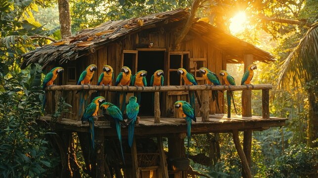 Colorful parrots on a wooden treehouse in a lush forest