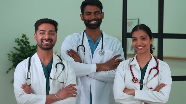 Indian medical professionals standing side by side in hospital setting, crossing arms confidently, embodying collaborative healthcare expertise with warm smiles