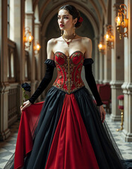 Fototapeta premium Woman in elegant gothic ball gown with gold filigree – Editorial Dark Romance