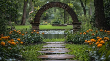Obraz premium Stone archway garden path to pond