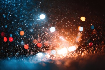 Abstract bokeh lights on rainy window at night.
