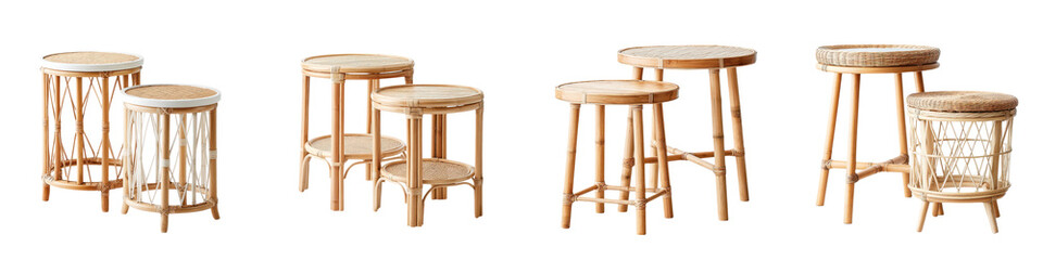 Stylish wooden stools crafted from rattan with natural finishes, featuring intricate weaving patterns, ideal for modern decor or outdoor spaces, showcasing versatility and elegance