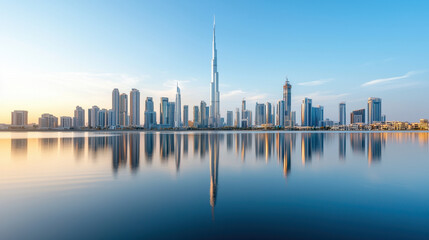 Fototapeta premium Stunning skyline featuring modern skyscrapers and reflective body of water, showcasing vibrant cityscape at sunset