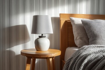 Cozy bedroom corner with stylish lamp and wooden furniture.