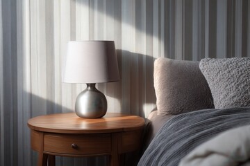 Cozy bedroom with lamp and soft cushions.