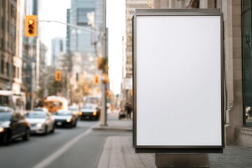 Blank advertisement board on a city street. Suitable for advertising, marketing campaigns, and informational purposes in urban environments.