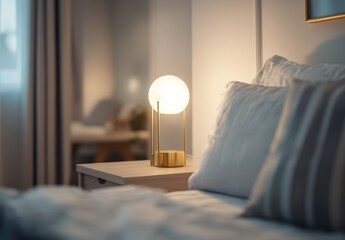 Warmly lit bedside table with glowing lamp.