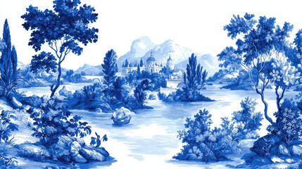 Serene landscape featuring tranquil lake surrounded by lush trees and mountains, depicted blue and white tones. scene includes small boat water