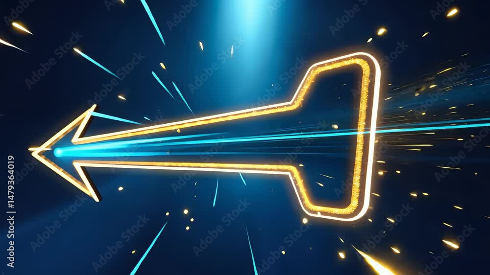 Poster glowing neon arrow with golden outline pointing left in a dynamic blue digital background with motio