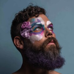 Man with Colorful Facial Paint and Flower Accent Looking Upward
