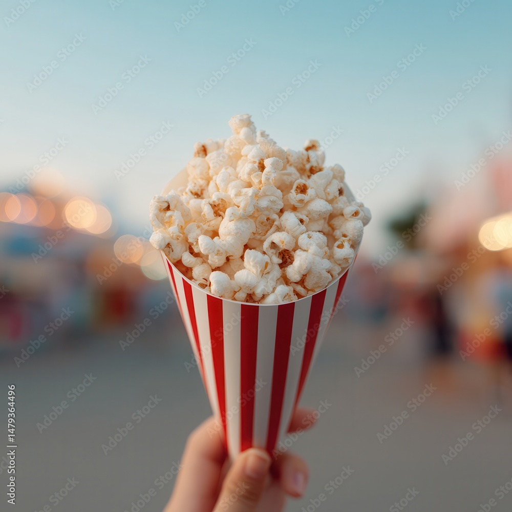 Poster cone-shaped paper cup of popcorn in hand. sky is a light blue. blurry background of lights.