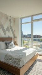 Modern Bedroom Interior Design with City View from Large Window in Daytime Interior Photography