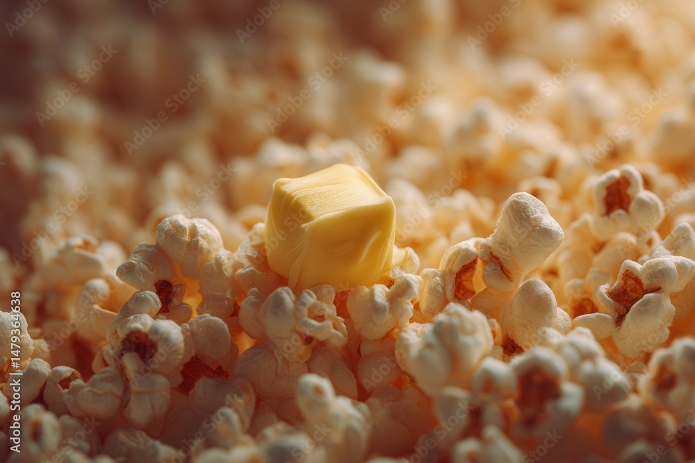 Aufkleber Buttery popcorn: a golden block melting into a pile of fluffy kernels, creating a warm and inviting movie snack experience.