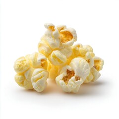 A small heap of salty popcorn on a white surface, perfect for a movie night or a quick snack! The fluffy kernels are light and airy.