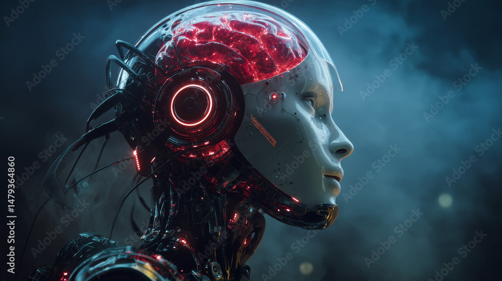 Poster ai. woman cyborg head with artificial neural networks brain. neon cyberpunk word in style 80th. fema