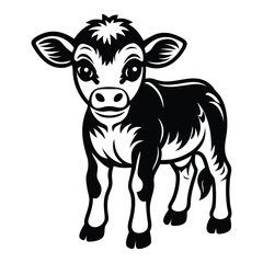 A happy baby cow Vector, drawn in a woodcut style with simple line art