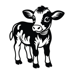 A happy baby cow Vector, drawn in a woodcut style with simple line art
