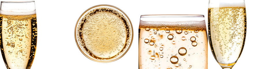 Various champagne glasses showcasing sparkling golden bubbles, highlighting luxury, celebration,...