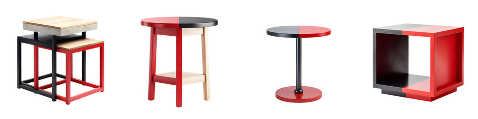 Chic, modern furniture pieces with a stylish blend of red and black colors, ideal for contemporary living spaces, showcasing versatility and minimalistic design elements
