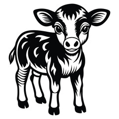 A happy baby cow Vector, drawn in a woodcut style with simple line art
