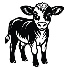 A happy baby cow Vector, drawn in a woodcut style with simple line art