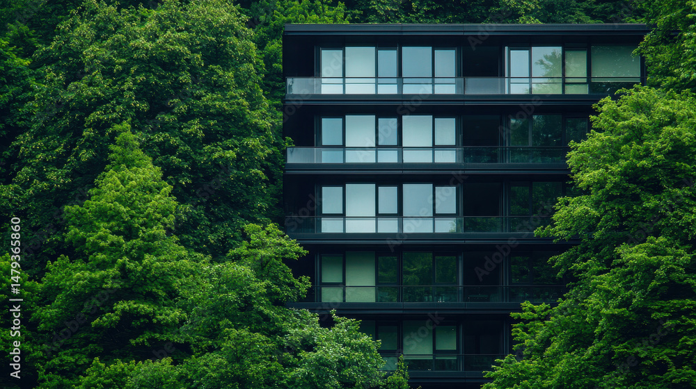 Poster modern building surrounded by lush greenery, showcasing blend of architecture and nature. tall struc