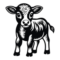 A happy baby cow Vector, drawn in a woodcut style with simple line art