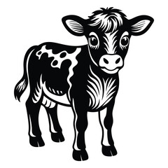 A happy baby cow Vector, drawn in a woodcut style with simple line art