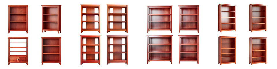 Sophisticated wooden bookshelves showcasing various designs in rich mahogany tones, perfect for...