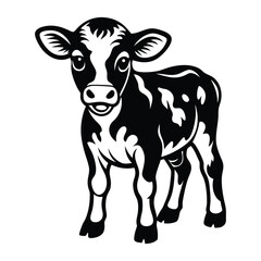 A happy baby cow Vector, drawn in a woodcut style with simple line art