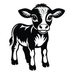A happy baby cow Vector, drawn in a woodcut style with simple line art