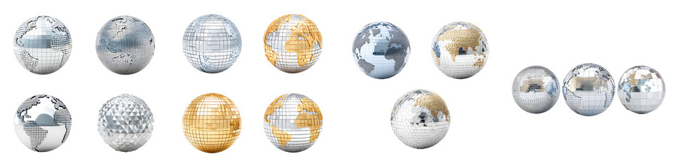 Modern, striking globe designs showcasing diverse continents and textures, highlighted in metallic finishes, perfect for global themes and innovation-related illustrations.
