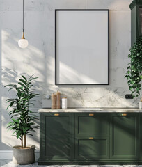 poster wooden frame mockup, kitchen mockup, modern green kitchen interior